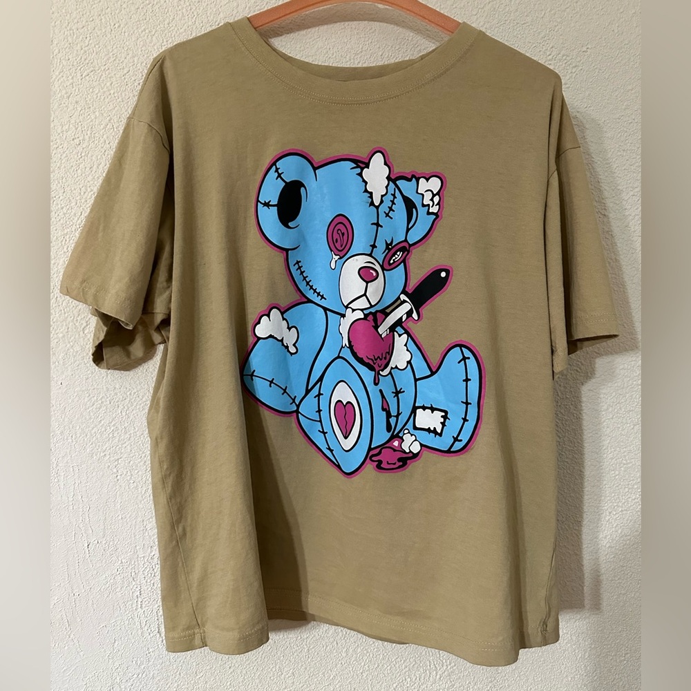 Brooklyn Vertical T-Shirt Men Tan 100% Cotton Graphic Bear size Large